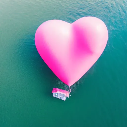 Prompt: a 5 0 mm lens photograph of a cute pink floating modern house, floating up by a singular heart shaped vibrant ballon from above, inspired by the movie up. mist, playful composition canon, nikon, award winning, photo of the year