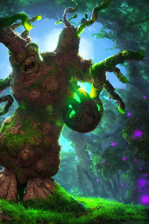 Image similar to arcane fantasy art giant golem elemental wood rock bastion forged gemstone enchanted forest troll, global illumination ray tracing hdr fanart arstation by sung choi and eric pfeiffer and gabriel garza and casper konefal lisa frank zbrush central hardmesh radiating a glowing aura