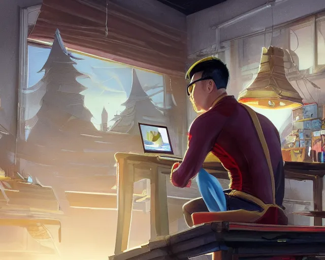 Image similar to an insanely detailed painting of a nerdy asian man wearing a superhero costume, sitting at a desk, staring at the nervously at the computer and typing, in the style of peter mohrbacher, dramatic lighting and composition, octane render, pixar, trending on artstation, concept art, comic book, view from behind