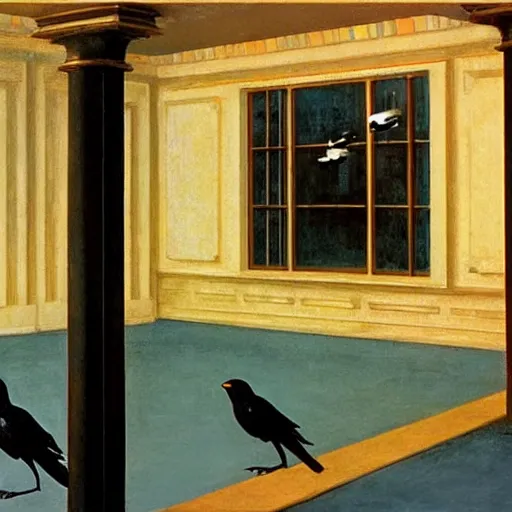 Image similar to battle if crows in a soviet building, hyperrealistic film still by edward hopper, by gottfried helnwein, by klimt, by paolo uccello, art nouveau, highly detailed, strong lights, liminal, eerie, metaphysical, bright pastel colors