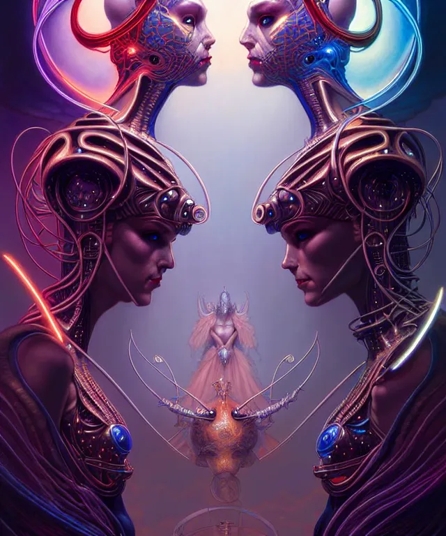 Image similar to beautiful gemini twins fantasy character portrait, ultra realistic, wide angle, intricate details, tron artifacts, highly detailed by peter mohrbacher, hajime sorayama, wayne barlowe, boris vallejo, aaron horkey, gaston bussiere, craig mullins