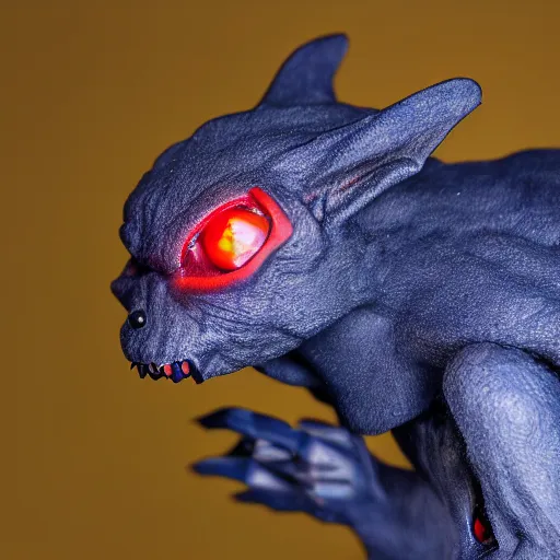 Prompt: detailed full body of scary giant mutant dark blue humanoid pygmy-bat, glowing red eyes, sharp teeth, acid leaking from mouth, realistic, giant, bat ears, bat nose, furred, covered in soft fur, detailed, 85mm f/1.4