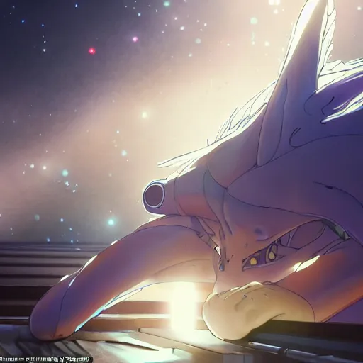 Image similar to an anime alien space cat sleeping on a mechanics workbench in a spaceport in a musical fantasy space opera ghibli animated film, volumetric lighting, octane render by stanley artgerm lau, greg rutkowski, studio ghibli, alphonse mucha, loish, norman rockwel, highly detailed, warm lighting, lens flare - w 7 0 4