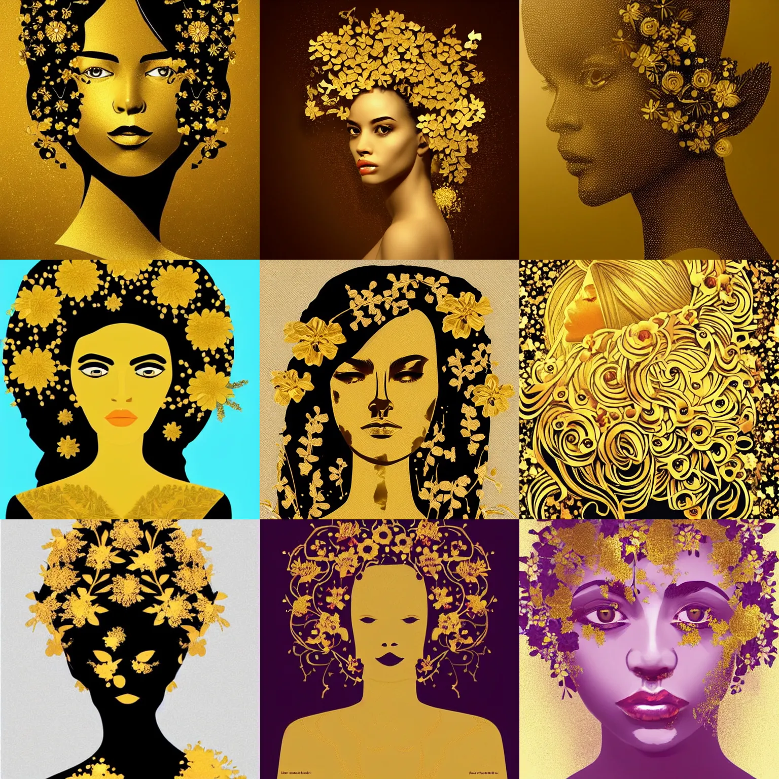 Prompt: silhouette of a woman made out of gold with flowers on her head. artwork. trending on artstation.