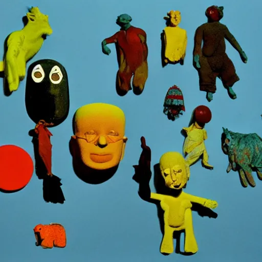 Image similar to a claymation film still of anthropomorphic object / collection / ethnographic museum / claymation by andy warhol