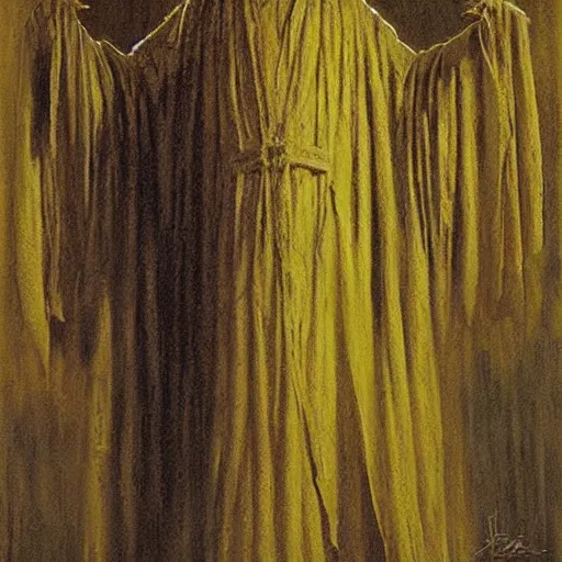 Image similar to Hastur the King in Yellow mummified monarch by Greg Rutkowski and Zdzisław Beksiński, high quality painting