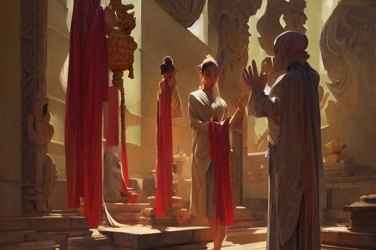 Image similar to temple, taoism, painting by greg rutkowski, j. c. leyendecker, artgerm