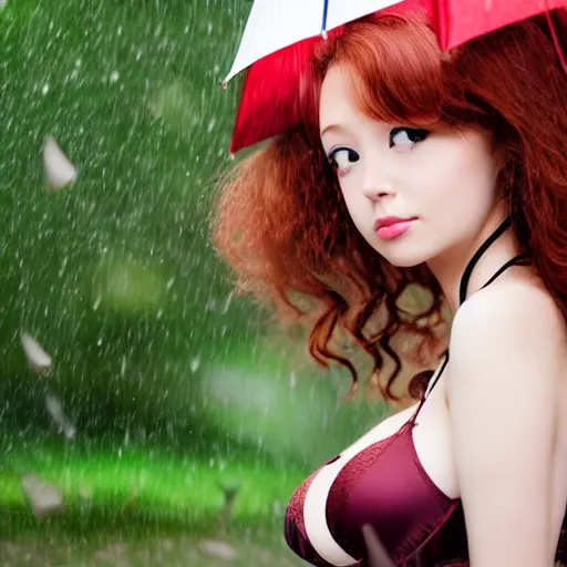 Prompt: anime girl walks in lingerie and pantyhose in the rain with an umbrella, red curly hair in pigtails with an elastic band, rain, full length