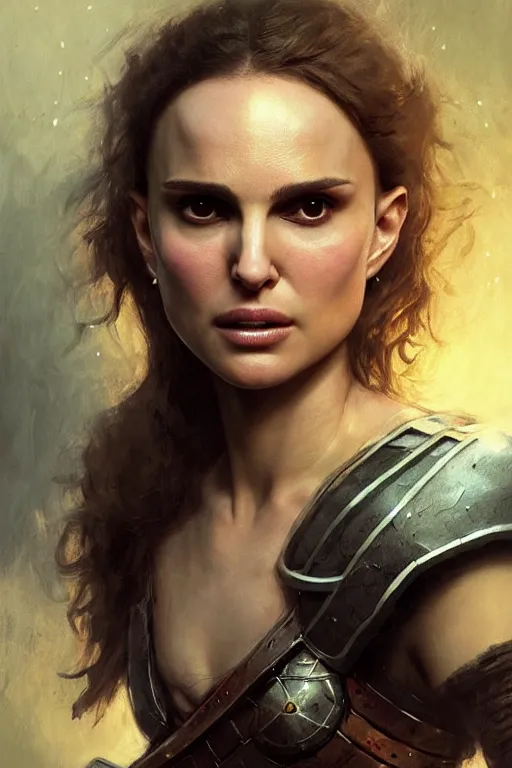 Image similar to natalie portman, legendary warrior, heroic, lord of the rings, tattoos, decorative ornaments, battle armor, by carl spitzweg, ismail inceoglu, vdragan bibin, hans thoma, greg rutkowski, alexandros pyromallis, perfect face, fine details, realistic shading photorealism