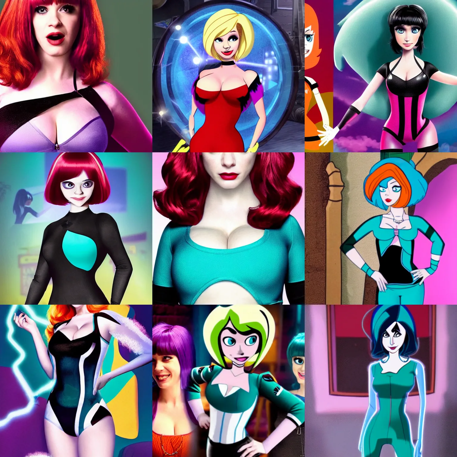 Prompt: a cinematic promotional image of christina hendricks as maddie fenton from the live - action netflix series'danny phantom'; auburn hair ; bob cut ; straight bangs ; loose - fitting teal bodysuit with black neck