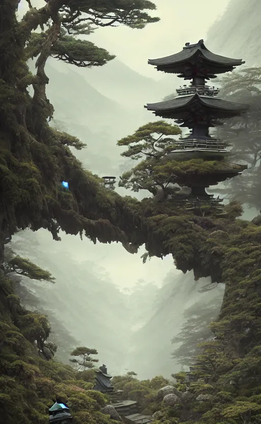 Image similar to japanese style shrine on top of a misty mountain overgrown, hyper realistic, lush gnarly plants, 8 k, denoised, by greg rutkowski, tom bagshaw, james gurney cinematic lighting