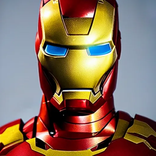 Image similar to a close up photo of a detailed golden statue of Iron Man, 8K,