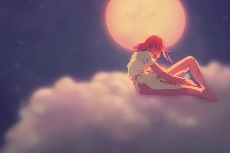 Image similar to a cute anime girl sleeping on a cloud, misty, glows, by studio ghibli, anime, hazy, foggy, ambient lighting, 8 k, neon, synthwave,