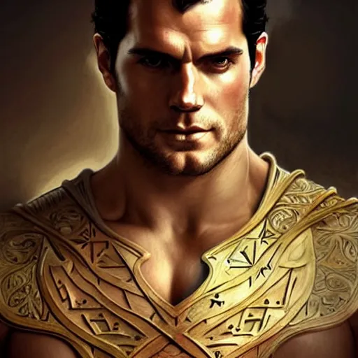 Image similar to Henry Cavill as a warrior, upper body, D&D, muscular, fantasy, intricate, elegant, exposed thighs, highly detailed, digital painting, artstation, concept art, smooth, sharp focus, illustration, art by artgerm and greg rutkowski and alphonse mucha