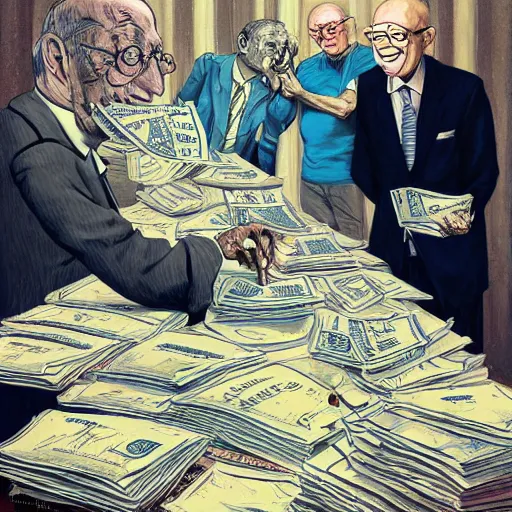 Image similar to Jacob Rothschild and george soros, bill gates and Klaus Schwab by Ralph Steadman, are counting stacks of money around a desk globe illustration, body horror, biopunk, 8k , trending on artstation