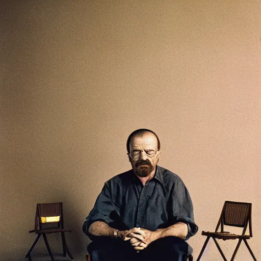 Image similar to walter white sitting on chair photo by annie leibovitz 8 0 mm lens bokeh