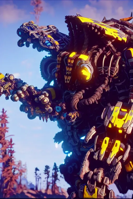 Prompt: a cinematic still from horizon zero dawn, yellow bumblebee mech, decepticon armor plating, octane render, nvidia raytracing demo, masterpiece, aged armor plating, aggressive head,