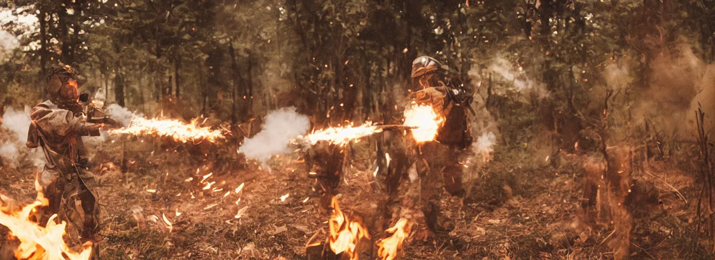 Prompt: a guy firing from a flamethrower napalm, film footage porta 4 0 0 golden, epic burst of fire, cinematic contrast shot