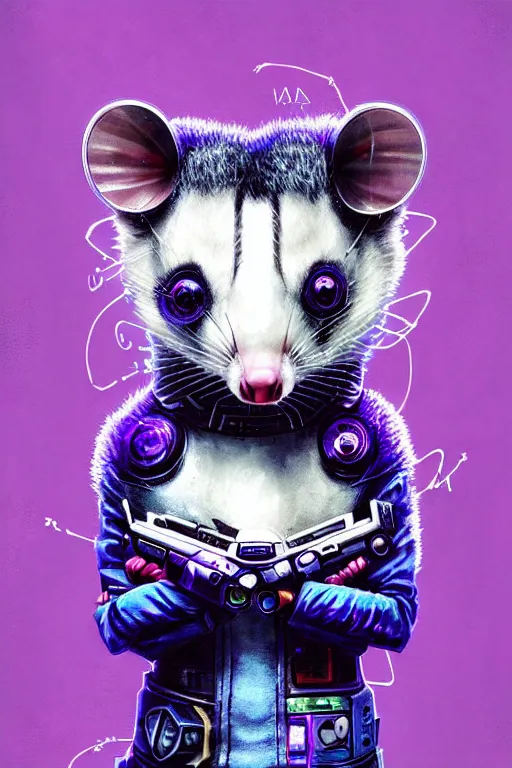 Image similar to a beautiful portrait of a cute cyberpunk opossum aaaaaaaaaa by sandra chevrier and greg rutkowski and wlop, purple blue color scheme, high key lighting, volumetric light, digital art, highly detailed, fine detail, intricate, ornate, complex, octane render, unreal engine, photorealistic