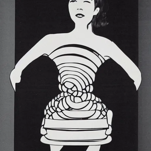 Prompt: woman wearing a cup!!!!!!!! ramen!!!!!!!! dress designed by issey miyake