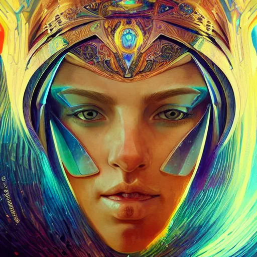 Image similar to psychedelic portrait of a beautiful android warrior woman, armor suit, blue eyes, intricate, elegant, highly detailed, trippy, dmt, digital painting, artstation, concept art, smooth, sharp focus, illustration, art felix kelly and greg rutkowski and alphonse mucha