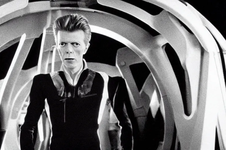 Prompt: David Bowie on the bridge of a starship, movie still