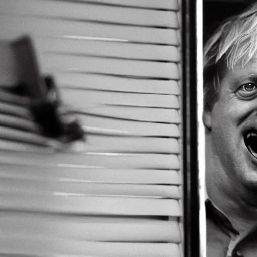 Image similar to a photo taken from the inside of an old house, showing window blinds being pulled back to reveal a terrifying boris johnson with his unhinged face pressed against the window and his bloody hands placed on the window, horrifying grin. horror, raining, night time, zoomed out