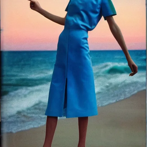 Prompt: 1 9 8 5 italia vogue magazine photo of a dress with cotton set, christian dior style, mediterranean beach background, refracted color lines, night, flash photography