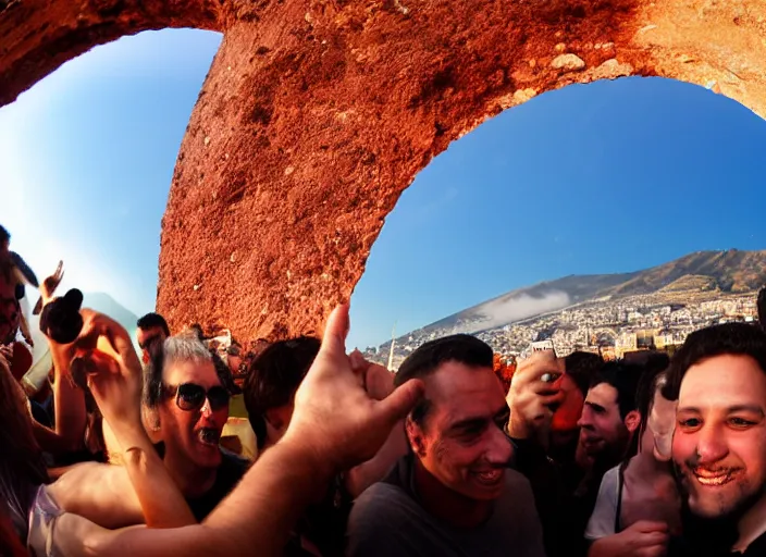 Prompt: old photo of greeks wich drink wine and have fun against the backdrop of mount vesuvius starting to erupt, photo by hunter thompson, fisheye 4, 5 mm, diffused backlight