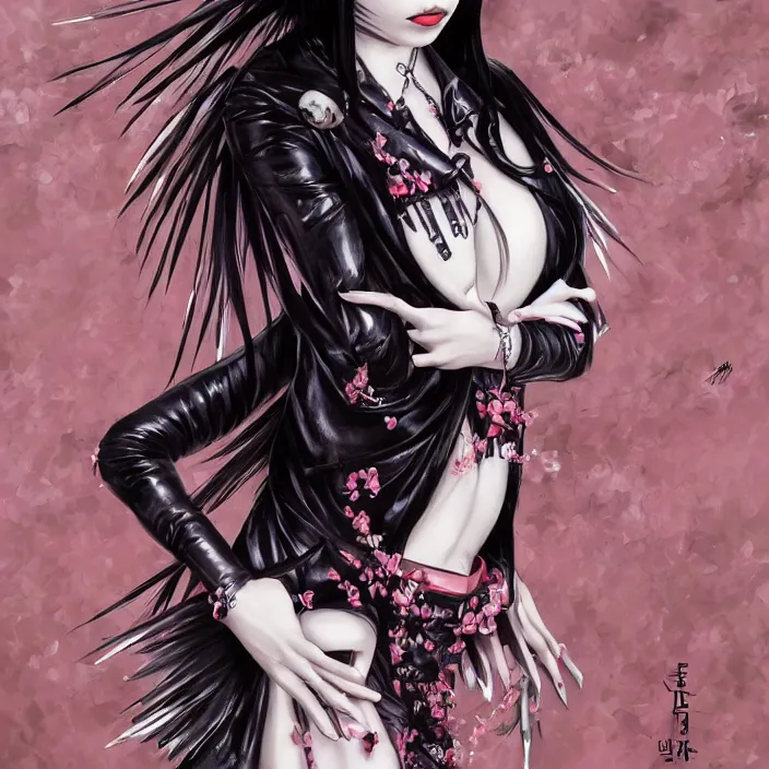 Prompt: cruel korean goth girl, vibrant, full body, spikes, latex, rubber, anime aesthetic, chibi, hyperrealistic, detailed, smooth, very smooth, brushwork, digital painting, sharp focus, concept art, fantasy, by junji ito, by louise zhang, by annie leibovitz