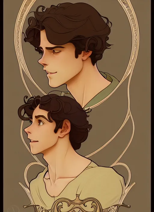 Image similar to art nouveau portrait of a handsome young man with curly medium length light brown hair, brown eyes, aloof, t - shirt, natural lighting, path traced, highly detailed, high quality, cartoon, digital painting, by don bluth and ross tran and studio ghibli and alphonse mucha