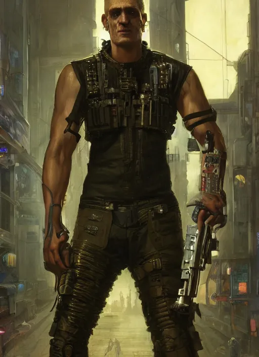 Image similar to frankenstein. cyberpunk mercenary wearing a military vest and combat jumpsuit. (Cyberpunk 2077, bladerunner 2049). Iranian orientalist portrait by john william waterhouse and Edwin Longsden Long and Theodore Ralli and Nasreddine Dinet, oil on canvas. Cinematic, hyper realism, realistic proportions, dramatic lighting, high detail 4k