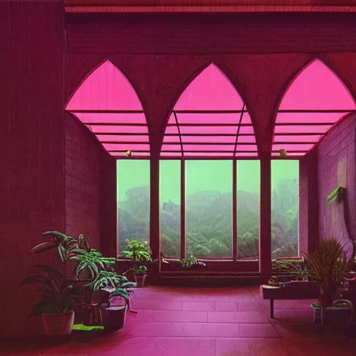 Prompt: 70s interior with arched windows, neon lighting, greenery, cyberpunk, dramatic, fantasy, by Moebius, by zdzisław beksiński, Fantasy LUT, epic composition, pink, high contrast, vaporware