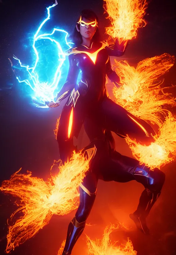 Image similar to vfx, octane render, zbrush, beautiful woman wearing spandex armour with flowing fire hair and glowing eyes, super hero full body action pose casting a fireball in space, volumetric lightning, highly detailed, UE5 render, art station, center of picture.