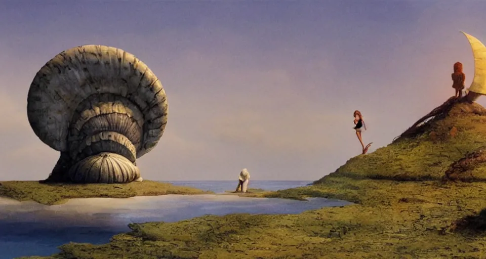 Prompt: a deserted island, giant seashell stands in the middle, a girl standing below, concept art by roger dean and john harris, atmospheric