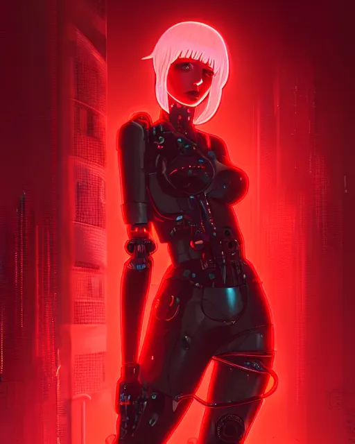 Image similar to a comic potrait of a cyberpunk cyborg girl with black and red parts, fine - face, realistic shaded perfect face, fine details. night setting. very anime style. realistic shaded lighting poster by ilya kuvshinov katsuhiro, unreal engine, global illumination, radiant light, detailed and intricate environment