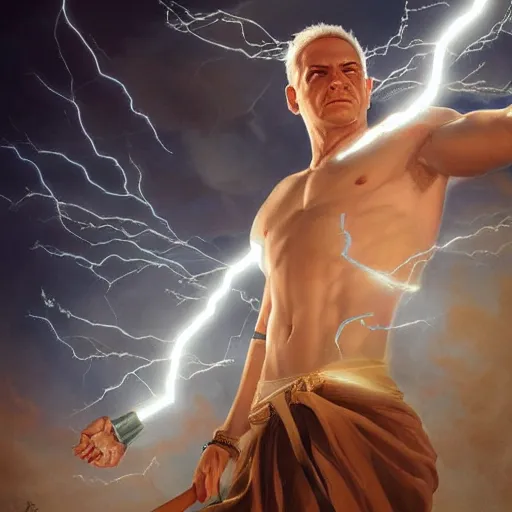 Image similar to benjamin netanyahu as the greek god of lightning, lightning bolts, highly detailed, ultra clear, by artgerm and greg rutkowski