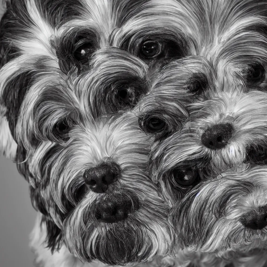 Prompt: image of a havanese dog reflected on the surface of a single chrome sphere, ultra wide 1 0 mm, by m c escher pen and paper