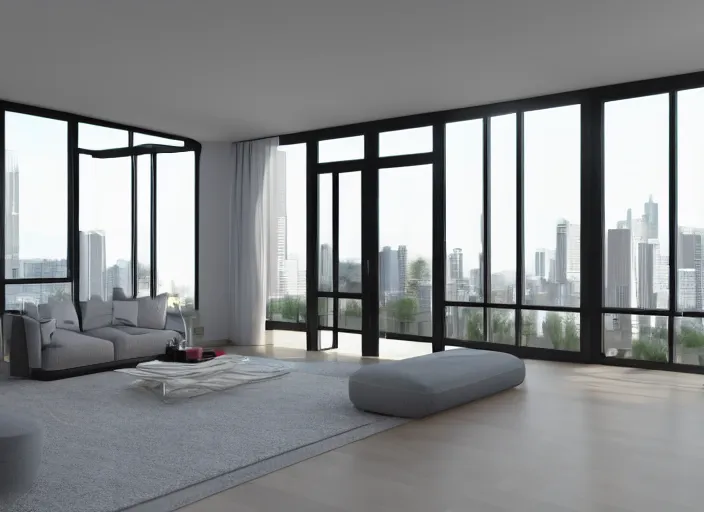 Prompt: 3 d render of a modern open plan apartment interior, floor to ceiling windows, 4 k