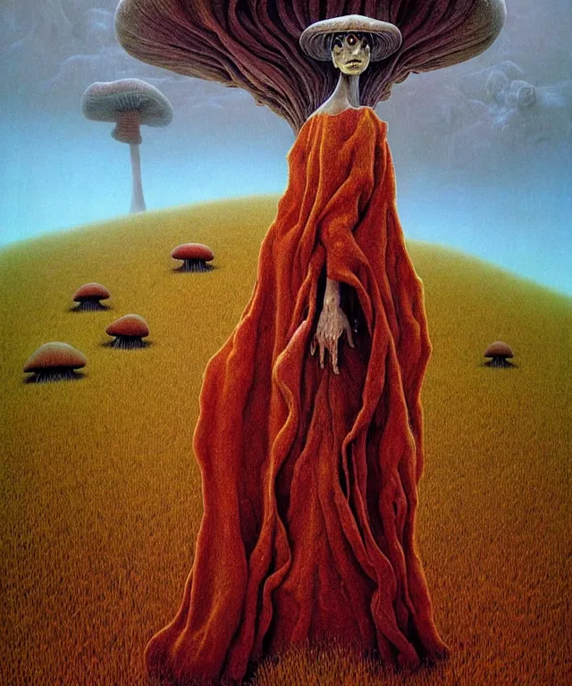 Prompt: A detailed funguswoman stands among the mushroom hills. Wearing a ripped mantle, robe. Perfect faces, extremely high details, realistic, fantasy art, solo, masterpiece, art by Pauline Baynes, Zdzisław Beksiński