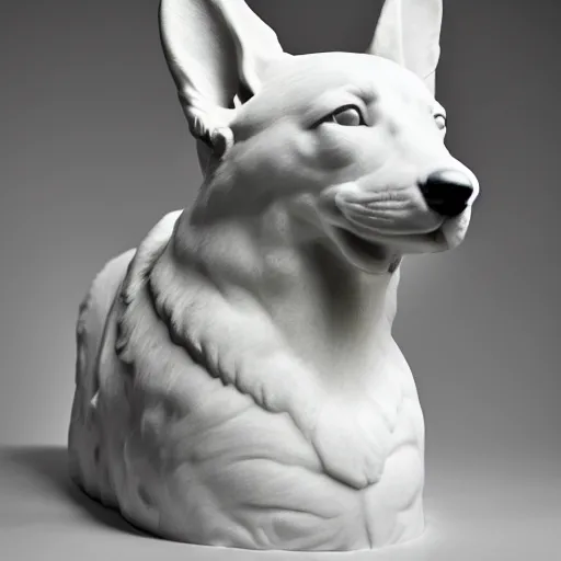 Image similar to statue of a Corgi dog, white marble, studio lighting, by Gian Lorenzo Bernini