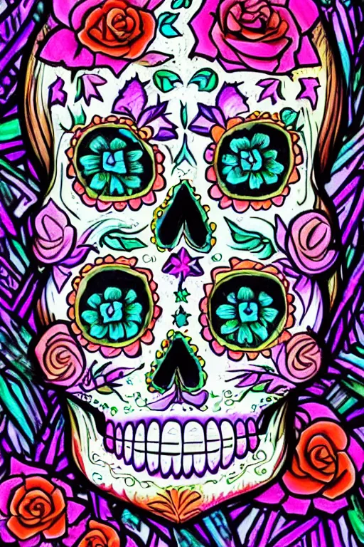 Image similar to illustration of a sugar skull day of the dead girl, art by don ed hardy