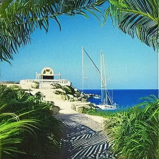 Prompt: “A photo of a beach and a french garden in 1993, tarot-like landscape it's lit by the camera flash. Surreal Greek architecture, mason, occult tarot symbols. Far away sail boat at the ocean”