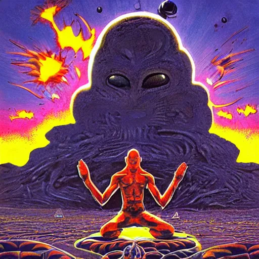 Image similar to an alien meditating in front of a giant black power fist in the center, worshipped by aliens dancing in lava fields by victor moscoso and john berkey