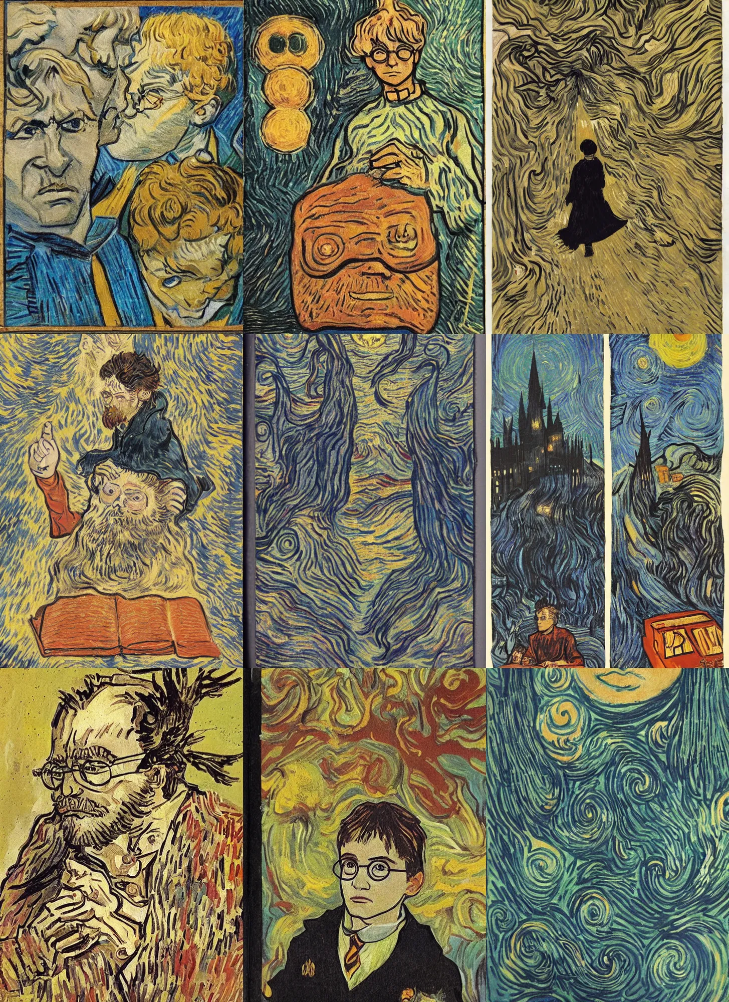 Prompt: harry potter and the philosopher's stone book cover design by van gogh