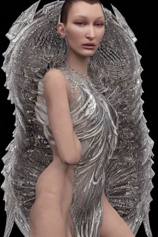 Image similar to a highly detailed 4 k portrait render of a beautiful angel alien goddess bella hadid in iris van herpen dress schiaparelli in diamonds in style of alphonse mucha trending on artstation made in unreal engine 4