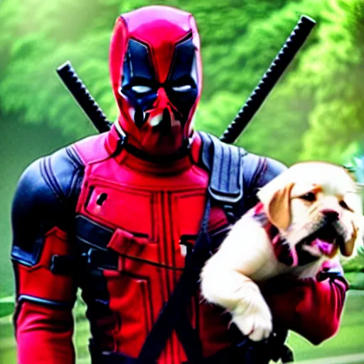 Image similar to a still from the avengers movie of deadpool holding a cute dog, 4 k, movie scene, professional lightimg, cinematic, dramatic