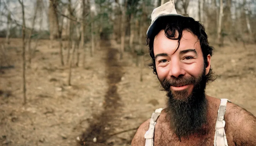 Image similar to far view, extremely skinny malnourished jimmy fallon with long beard, wearing dirty overalls, dirty greasy face, grin, portrait, close up, kodak gold 2 0 0, 5 0 mm,