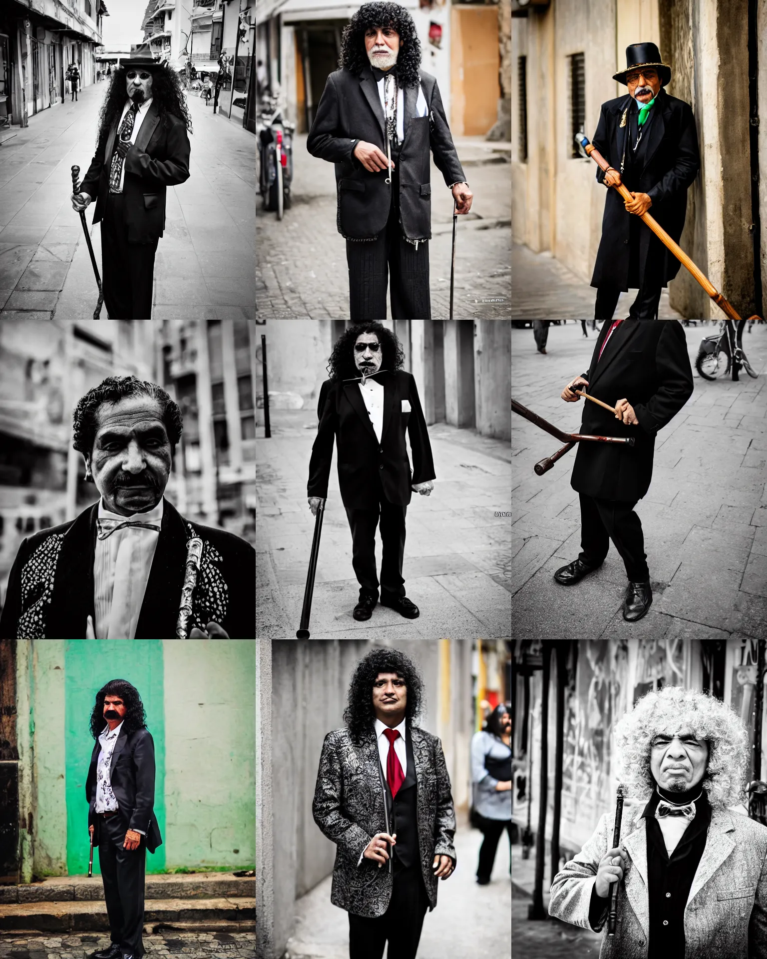 Prompt: a brazilian pimp with a cane, wearing a fancy jacket, long black curly hair, high quality, sigma 8 5 mm, street photography