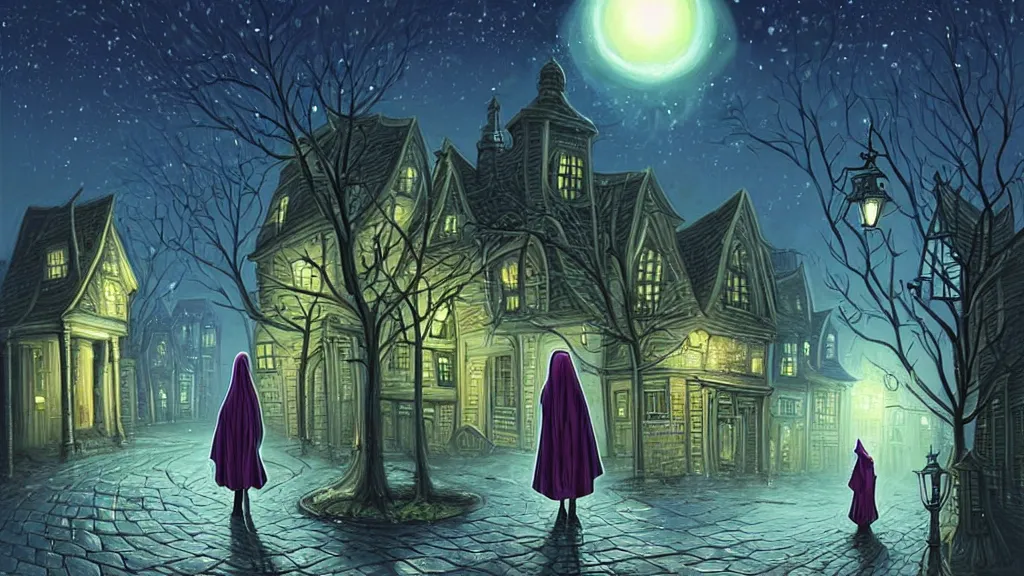 Image similar to lady dressed in long hooded cloak walks in empty lovecraftian town square surrounded by houses and inns.. cthulhu statue.. lovecraftian city at night by cyril rolando and naomi okubo and dan mumford and ricardo bofill.. lovecraft.. cobbled streets.. oil lamp posts.. lovecraftian.. starry night swirly sky.